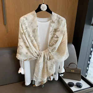 Women Tropical Floral Print Scarf Lightweight Sun Protection Shawl With Tassels Bohemian Beach Wrap Fashion Accessory