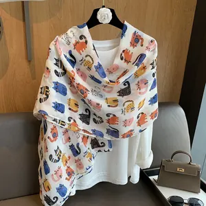 Cute Cartoon Cat Print Scarf For Women Lightweight Cotton Linen Long Shawl Wraps Versatile Fashion Decorative Neck Wrap