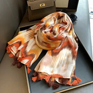 Ethnic print cotton linen scarf with orange tassels for desert travel sun protection