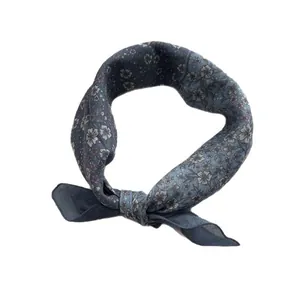 Vintage floral square scarf in navy blue with delicate white and lilac patterns