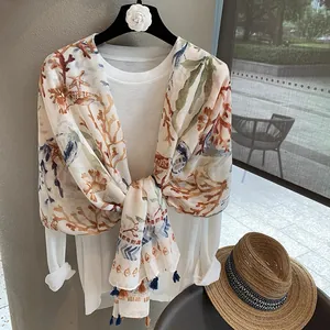 Breathable cotton linen beach shawl with coral sea life prints and mini tassels