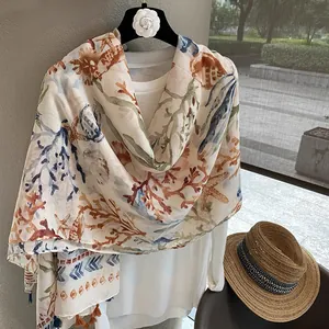 Linen cotton beach shawl with sea coral starfish prints and tassels for vacation wear