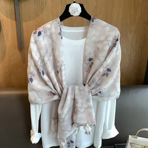 Elegant cotton linen scarf with hand-painted leaf and berry patterns and fringe edges
