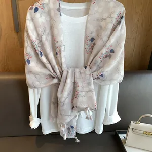 Forest style floral cotton linen scarf with leaf print and soft tassel edges