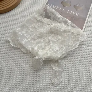 Elegant white lace ribbon scarf with floral embroidery and scalloped edges for women
