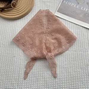 Pink French lace floral headscarf with delicate embroidery on waffle background