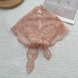 Elegant pink floral lace scarf for women featuring sweet mesh ribbon and tied bow details
