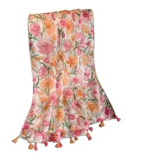 Châle floral léger avec imprimé coquelicot orange et pompons colorés pour l'été