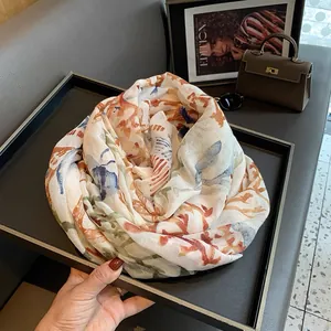 Floral print cotton linen scarf for women, lightweight beach shawl and sun protection wrap