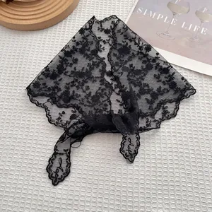 Elegant black lace mesh scarf with floral embroidery and wavy edges for women