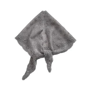 French style grey lace triangle headscarf with floral embroidery and wavy edges