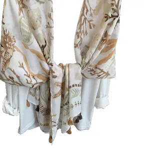 Sea coral print cotton linen scarf with tassels for beach sun protection