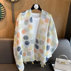Lightweight cotton linen shawl with watercolor polka dots and fringe details