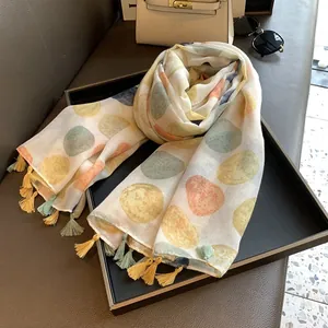 Lightweight cotton linen scarf with colorful polka dots and tassels for summer vacations