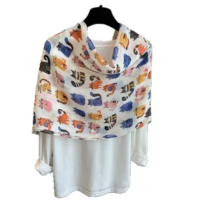 Cute cartoon cat print scarf on white shirt for women casual autumn winter fashion look