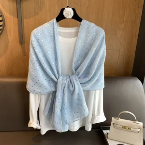 Elegant blue and white striped scarf with gold metallic threads for women