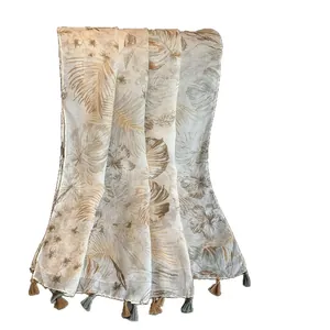 Lightweight cotton linen tropical floral scarf with tassel fringe for beach sun protection