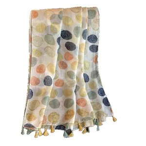 Watercolour polka dot cotton linen scarf with soft tassels for spring and summer