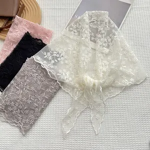 Sweet Floral Embroidered Lace Triangle Headscarf For Women Hollow Out Scalloped Edge Retro Breathable Elegant Scarf Wrap
