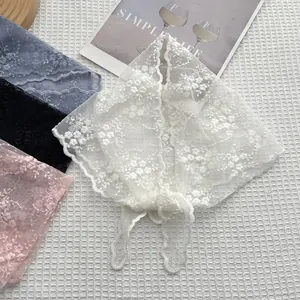 White floral lace triangle headscarf with embroidered scalloped edges for women