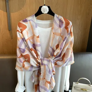 Lightweight floral print summer scarf shawl with abstract purple and orange patterns