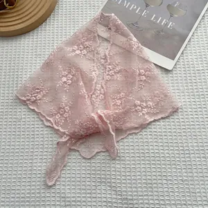 Pink lace triangle headscarf with floral embroidery and wavy scalloped edges