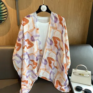 Summer lightweight floral chiffon shawl with abstract print for beach sun protection