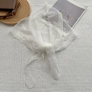 White French lace floral embroidered hair scarf with elegant wavy scalloped edges