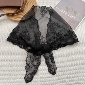French lace triangle headscarf with floral embroidery and scalloped edges in black