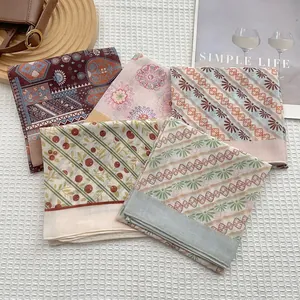Carré de Soie Floral Pastoral Français pour Femmes Vintage Coton Toucher Satin Foulard de Cou Bohème Paisley Bandana Cheveux