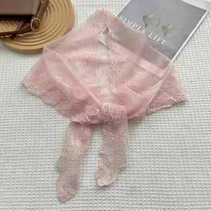 French style pink lace triangle scarf with floral embroidery and scalloped edges