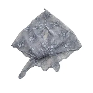 Elegant misty blue lace triangle head scarf with vintage floral embroidery for women