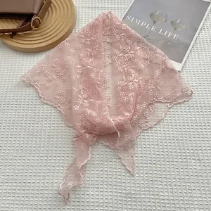Elegant pink lace triangle headscarf with white floral embroidery for women