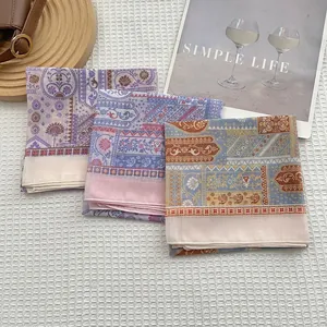 Baroque Vintage Cotton Satin Square Scarf Women Paisley Floral Print Neck Head Scarf Bohemian Decorative Wrap Bandana Hair Tie
