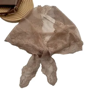Brown French lace triangular scarf with vintage floral embroidery for hair styling