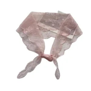 Light pink lace embroidered scarf with scalloped edges and delicate floral patterns