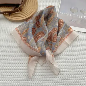 Bohemian paisley print linen-cotton square scarf in blue and terracotta tones