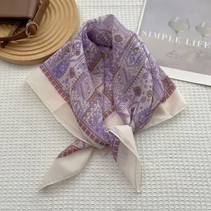 Detail of a purple Baroque floral print square scarf made of linen-cotton blend fabric