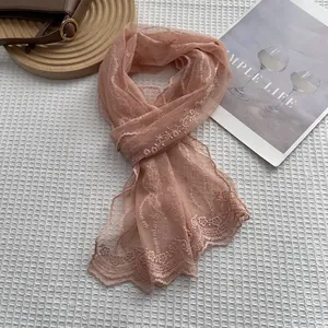 Elegant French lace floral scarf in soft rose pink with delicate mesh embroidery