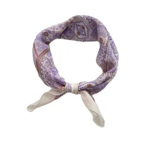 Baroque cotton linen square scarf with vintage purple bohemian floral patterns