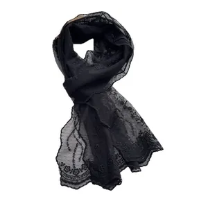 Elegant black lace scarf with floral embroidery and scalloped edges for women