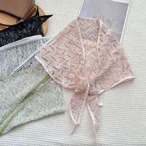 Summer Hollow Lace Triangle Scarf For Women Vintage Cotton Linen Crochet Sun Protection Neck Wrap Shawl Thin Breathable Scarf
