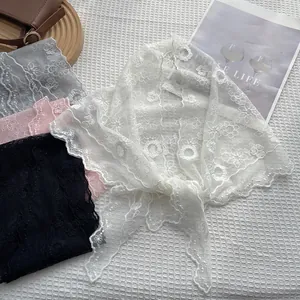 Lace triangle headscarf for women featuring floral embroidery and scalloped edges