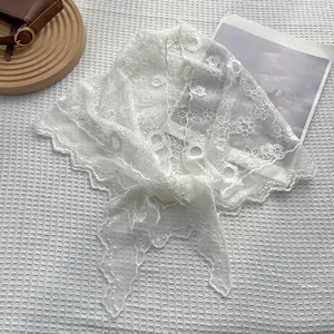 Elegant white lace triangle scarf with floral embroidery for women's hair or neck styling