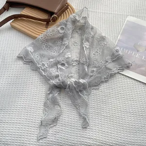 Elegant light gray lace floral embroidery triangle scarf for women with mesh fabric details
