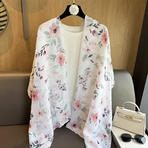 Elegant floral chiffon scarf with pink flowers for summer beach sun protection