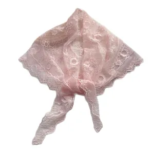 Pale pink lace triangle scarf with floral embroidery and elegant scalloped edges