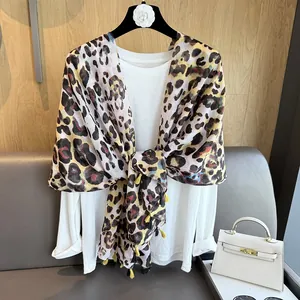 Sciarpa Donna Maculata Effetto Cotone Lino Poliestere Protezione Solare Copricostume Mare Nappine Gioielli Moda Vintage