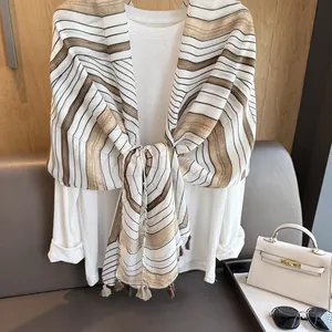 Vintage striped linen shawl with tassels and beige brown geometric patterns for women