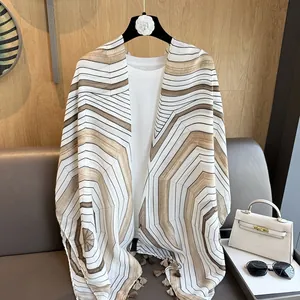 Vintage geometric striped cotton linen shawl with tassels for sun protection and travel decor